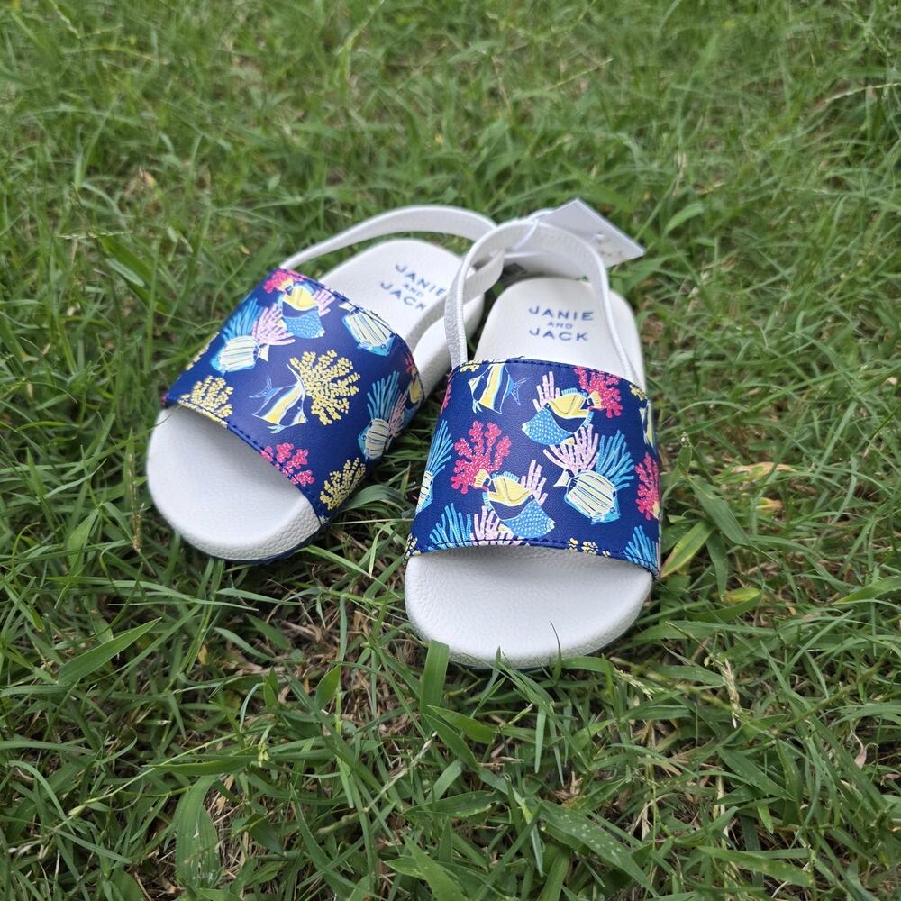 NWT Janie and Jack Fish & Coral Print Blue Pool Slide Sandals Toddler SZ 7